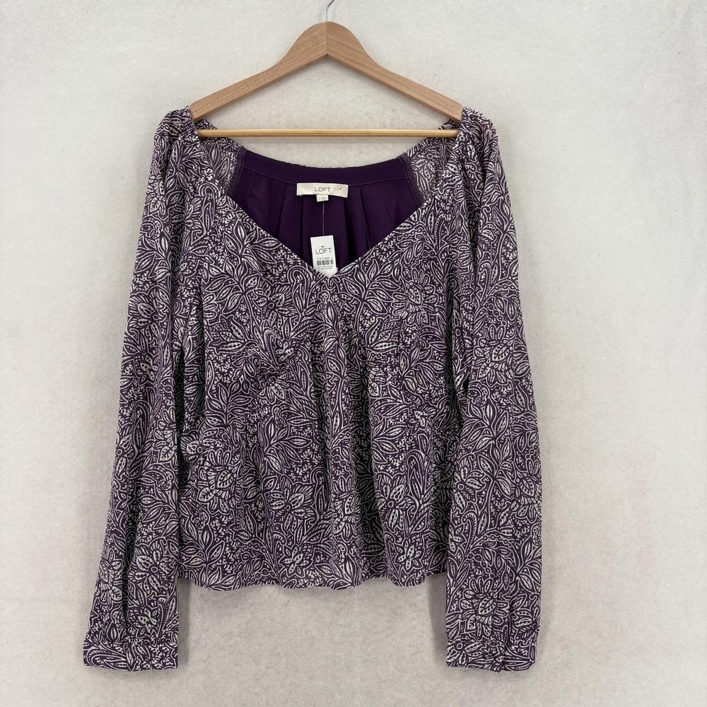 LOFT Blouse Womens Large Purple Floral Pleated V Neck Long Sleeve Lined NWT